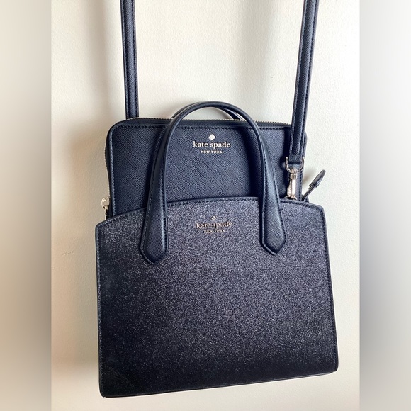 Kate Spade Tinsel Glitter Fabric Black Satchel Crossbody Purse & Wallet *As Is - Picture 7 of 16